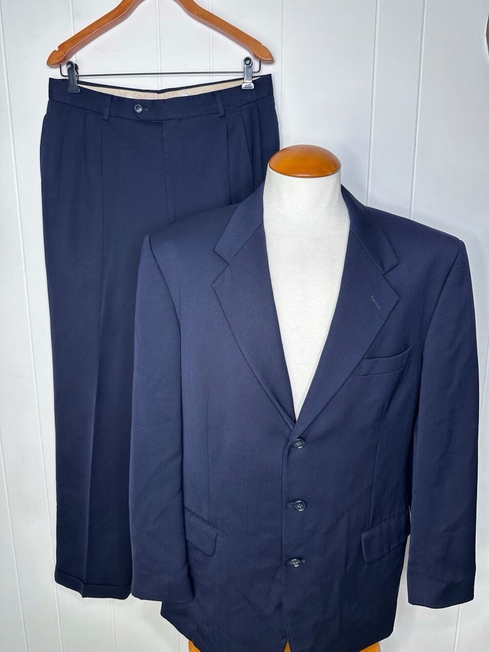 AS-IS Paulo Solari 2 Piece Navy Suit 3 Button Pleated Suspender Buttons 44R W34